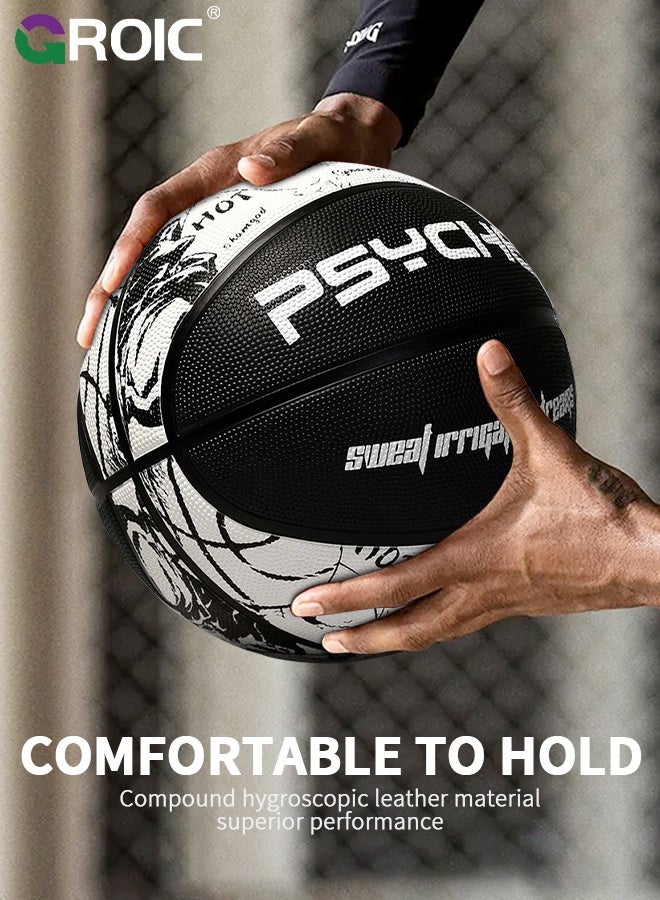 GROIC كرة سلة، جنون الكوميديا ​​بحجم 7، تصميم جرافيكي باللونين الأسود والأبيض، بناء قناة عميقة ومتانة، مثالية لتدريب كرة السلة وممارسة المعدات، كرات سلة مطاطية خارجية - Image 5